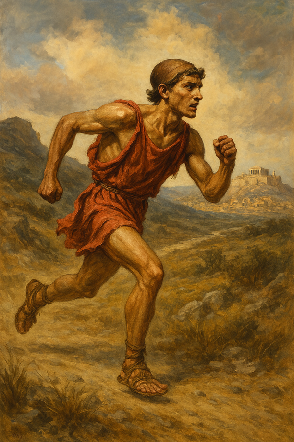 Pheidippides running from Marathon to Athens AI