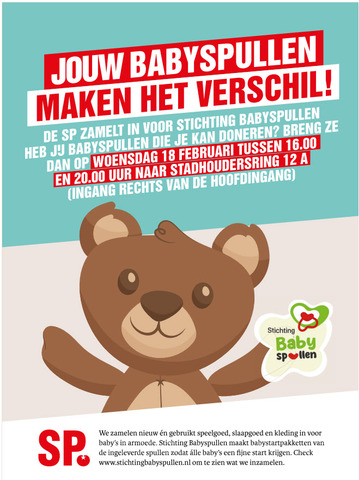 Flyer SP Zoetermeer zamelt babyspullen in